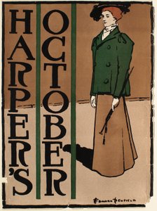 Frau in grün-braunem Kostüm, Oktober-Ausgabe von Harper