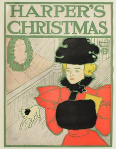 Frau mit Muff, die mit einem kleinen Hund spazieren geht, Weihnachtsausgabe von Harper