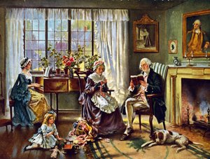 George Washington (1732-1799) Erster Präsident der Vereinigten Staaten von Amerika (1789-1797). Washington zu Hause mit seiner Familie. Nach einem Gemälde von Edward P Moran (1862-1935).