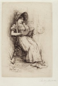 Ohne Titel (Junges Mädchen mit Hut, im Stuhl, lesend) von Edward Percy Moran