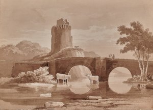 Landschaft mit Brücke und Kühen