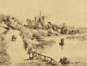 Der Coquet: Warkworth Castle von der Straße nach Amble, ca. 1880 (Radierung) von Edward Slocombe