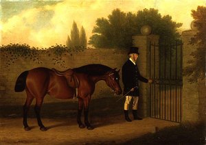 Ein Gentleman führt einen Welsh Cob an einem Gartentor von Edward Tolley