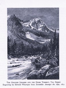 Die Grand Jorasses und der Doire Torrent, Val Ferrett, aus British Adventure, veröffentlicht von Collins, 1947 von Edward Whymper