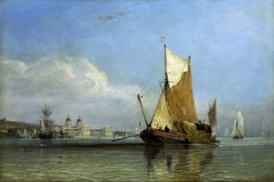 Ein Heuboot vor Greenwich, auf der Themse (England), ein Typ von flachem Bodenboot, praktisch für das Einfahren in die Bäche der Suffolk- und Margate-Farmen, fuhr hin und her ins Herz von London, um Heu für Hunderte von Pferden in der Hauptstadt zu liefern