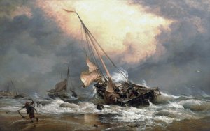 Fischer, die ihre Boote an der Küste der Nordsee, in der Nähe von Scheveningen (Holland), an Land ziehen. Öl auf Leinwand von Edward William Cooke