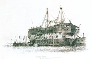 Gefängnisschiff im Hafen von Portsmouth mit den an Bord gehenden Sträflingen