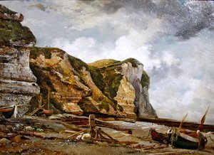 Felsen bei Ebbe mit West Falaise (Etretat Klippen und Boote) von Edward William Cooke