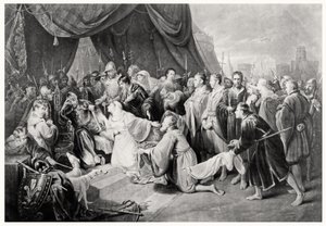 Die Kapitulation von Calais, 4. August 1347, graviert von John Young