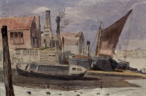 Battersea, das Flussufer mit Booten von Edward attr. to Bragg