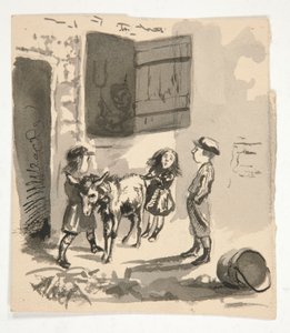 Kinder mit Esel (recto); Unidentifizierte Illustration eines Leierkastenmanns (verso) von Edwin Austin Abbey