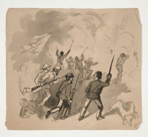 Bürgerkriegsschlachtenszene (recto); Unidentifizierte Illustration eines Mannes in einem Wald (verso)