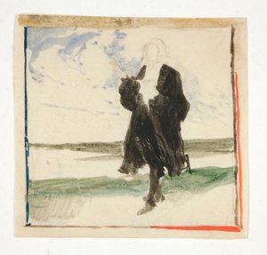Mann im Mantel in Landschaft - nicht identifizierte Illustration von Edwin Austin Abbey