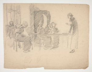 Frühe Studie für Stony Ground 1884, Innenraum mit Figuren