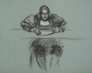 Figur für den Prozess von Königin Katherine. Schreiber am Schreibtisch