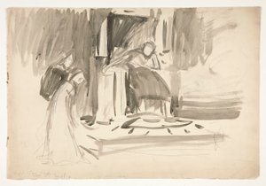 Figur auf dem Thron, flankiert von zwei Figuren, Skizze für ein unbekanntes Shakespeare-Stück von Edwin Austin Abbey