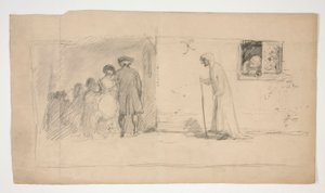 Gruppe von Figuren vor einem Steinhaus - nicht identifizierte Illustration von Edwin Austin Abbey