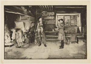 Illustration für Goldsmiths "She Stoops to Conquer": "Keine Beleidigung; aber Frage für Frage ist alles fair, wissen Sie" von Edwin Austin Abbey