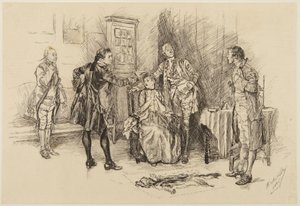 Illustration für Goldsmiths She Stoops to Conquer: "War es gut gemacht, Sir, mich lächerlich zu machen?" von Edwin Austin Abbey