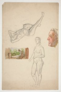 Blatt mit Skizzen: zwei nackte Frauen, Profil eines Mannes, Figur in einem Innenraum sitzend