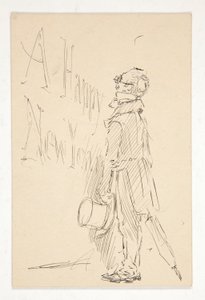 Skizze für eine Grußkarte: Ein glückliches neues Jahr; Studie eines Mannes, der ein Schild liest von Edwin Austin Abbey