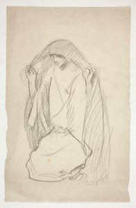 Skizze einer verhüllten weiblichen Figur im Gebet für Drei Marien am Kreuz von Edwin Austin Abbey