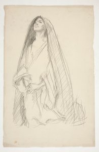 Skizze einer verhüllten weiblichen Figur im Gebet für Drei Marien am Kreuz von Edwin Austin Abbey