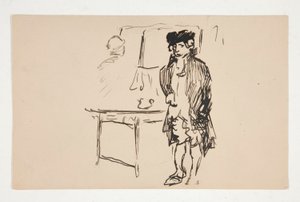 Skizze eines Mannes in Revolutionskleidung neben einem Tisch von Edwin Austin Abbey