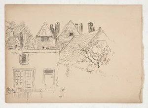 Skizze eines Äußeren: Gebäude und Baum