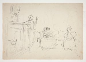 Skizze eines Innenraums: Mann liest laut vor, Frauen stricken - nicht identifizierte Illustration von Edwin Austin Abbey