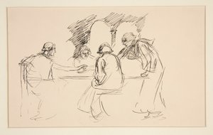 Skizze von vier Männern in mittelalterlicher Kleidung an einem Tisch - nicht identifizierte Illustration, möglicherweise für von Edwin Austin Abbey