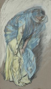 Studie für Frau im gelben Kleid mit blauem Schleier