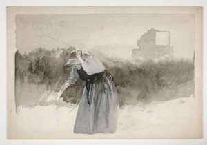 Studie einer Frau mit Haube, die sich vorbeugt - (nicht identifizierte Illustration) von Edwin Austin Abbey