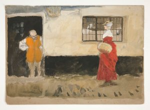 Studie einer Straßenszene, Mann an der Tür, Frau im roten Kleid von Edwin Austin Abbey