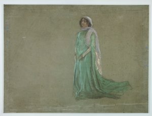 Studie, Frau im langen grünen Kleid, rosa Schal