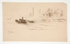 Schlepper schiebt Lastkahn auf dem Fluss von Edwin Austin Abbey