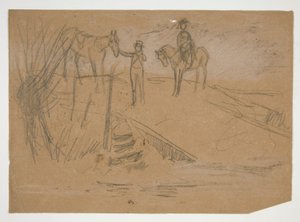 Zwei Männer und zwei Pferde in einer Landschaft - nicht identifizierte Illustration