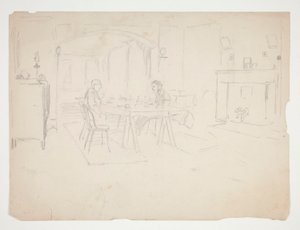 Zwei Männer an einem Tisch in einem Innenraum von Edwin Austin Abbey