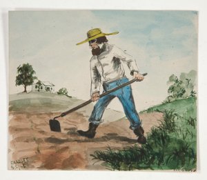 Unidentifizierte Illustration eines Mannes, der einen Garten hackt (recto); Drei Figurenstudien (verso)