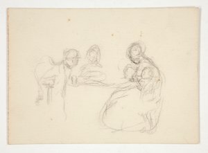Unidentifizierte Illustration - Studie von Figuren an einem Tisch. Sitzender Mann auf der Rückseite.