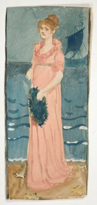 Unidentifizierte Illustration einer Frau am Strand, Schiff in der Ferne von Edwin Austin Abbey