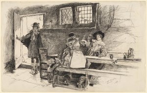 "Will führte sie zum Wein," Illustration zu "Phillada Flouts Me" von Edwin Austin Abbey