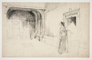 Frau und Hund in einem Innenraum (unidentifizierte Illustration für ein Stück?) von Edwin Austin Abbey