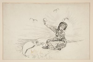 Frau am Strand mit Buch, Skizze für Das Lied des Hummers von Edwin Austin Abbey