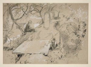 Frau sitzt auf einer Bank in einem Garten oder öffentlichen Park - nicht identifizierte Illustration von Edwin Austin Abbey