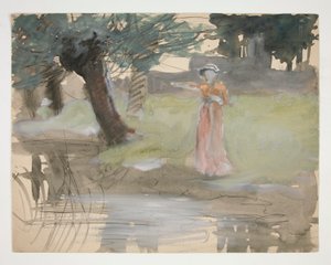 Frau steht am Flussufer von Edwin Austin Abbey