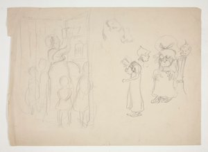 Frau mit Kindern und Karikatur - nicht identifizierte Illustration von Edwin Austin Abbey