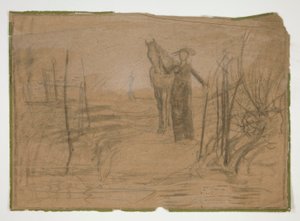 Frau mit Pferd in Landschaft - nicht identifizierte Illustration von Edwin Austin Abbey