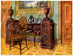Geschnitztes Mahagoni-Sockel-Sideboard und ovaler Radlehnen-Meisterstuhl, 1911-1912 von Edwin Foley