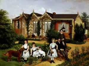 Alma Cottage 1874. Familienporträt im Garten vor einem Landhaus